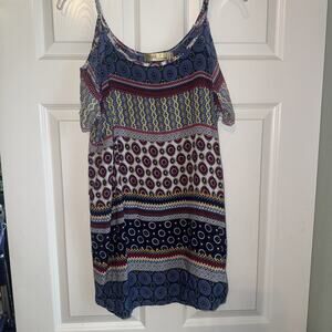 CYN Cynthia Mehra Boho Cold Shoulder Red Blue Rust India Festival Silky L/XL